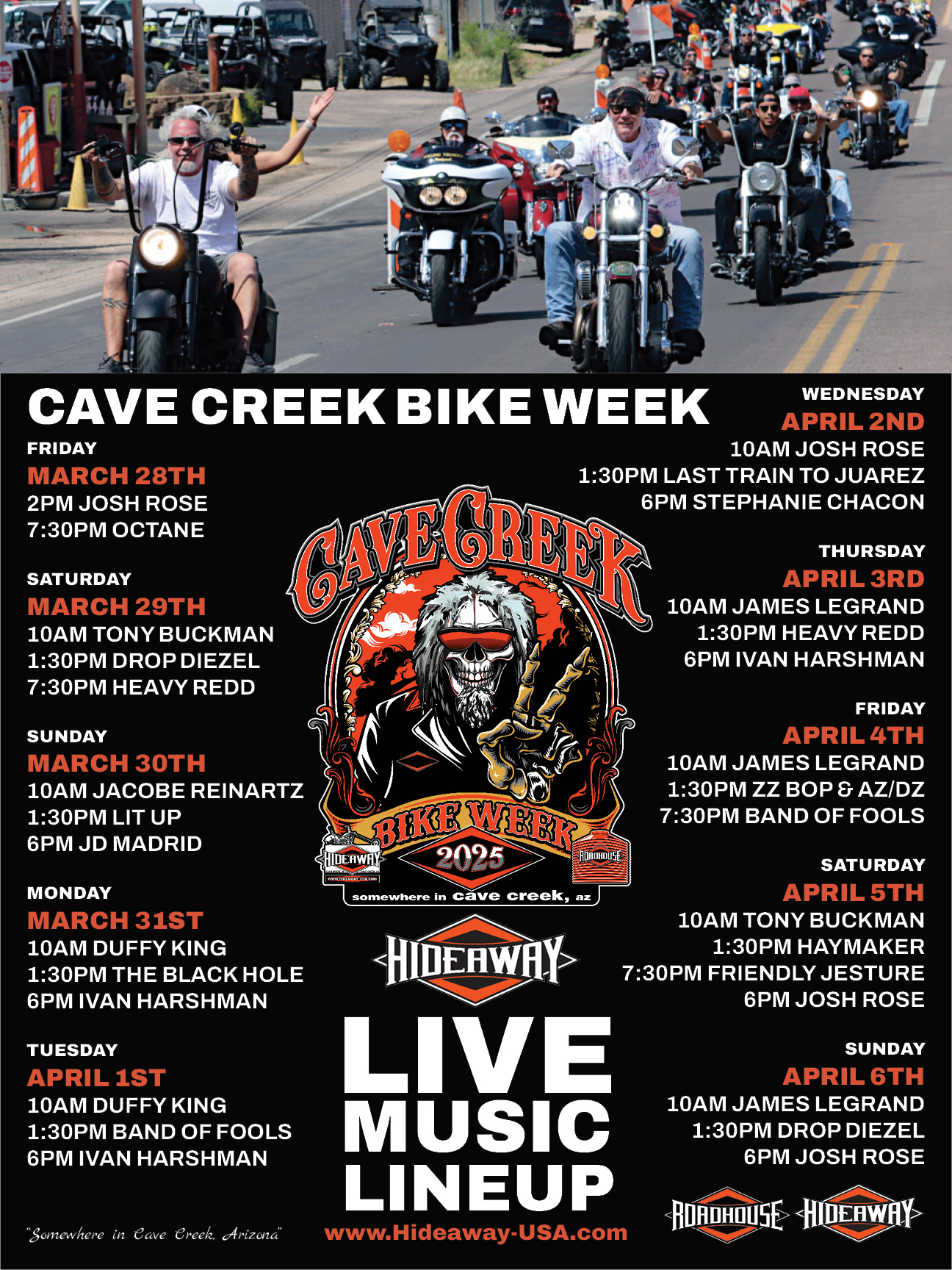 Cave Creek Bike Week 2025 - Hideaway Grill Music Lineup